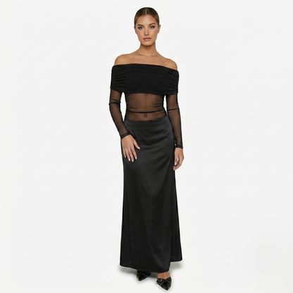 Maxi Dress Women's Off Shoulder Mesh Long Sleeve Ruched Bodycon
