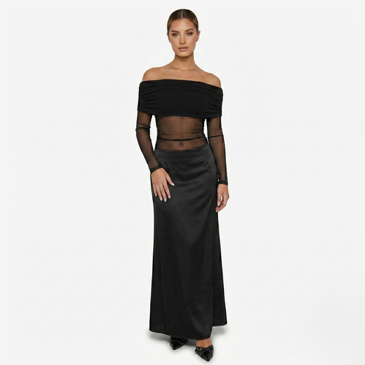 Maxi Dress Women's Off Shoulder Mesh Long Sleeve Ruched Bodycon