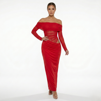 Maxi Dress Women's Off Shoulder Mesh Long Sleeve Ruched Bodycon