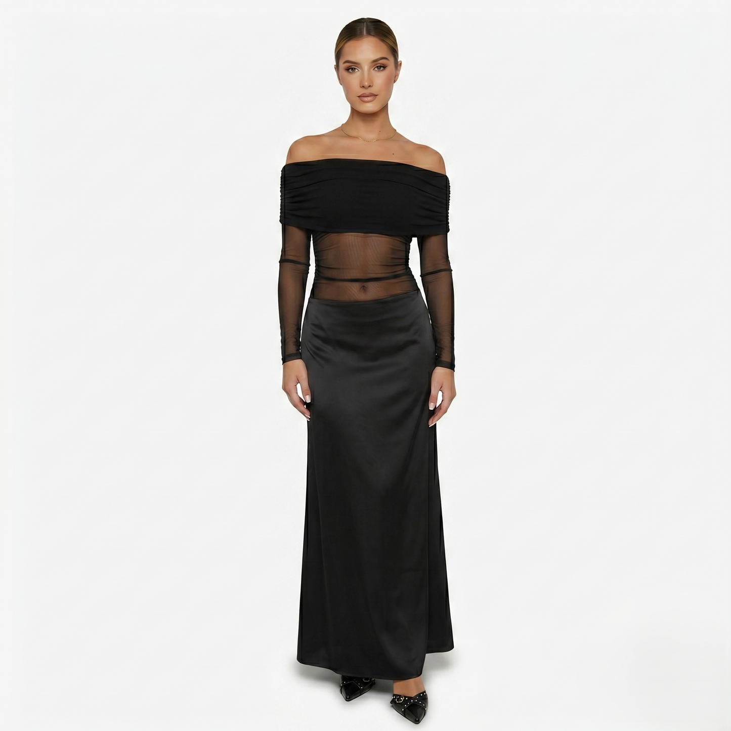 Maxi Dress Women's Off Shoulder Mesh Long Sleeve Ruched Bodycon