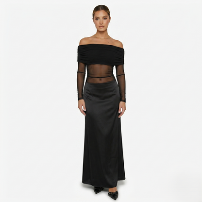 Maxi Dress Women's Off Shoulder Mesh Long Sleeve Ruched Bodycon