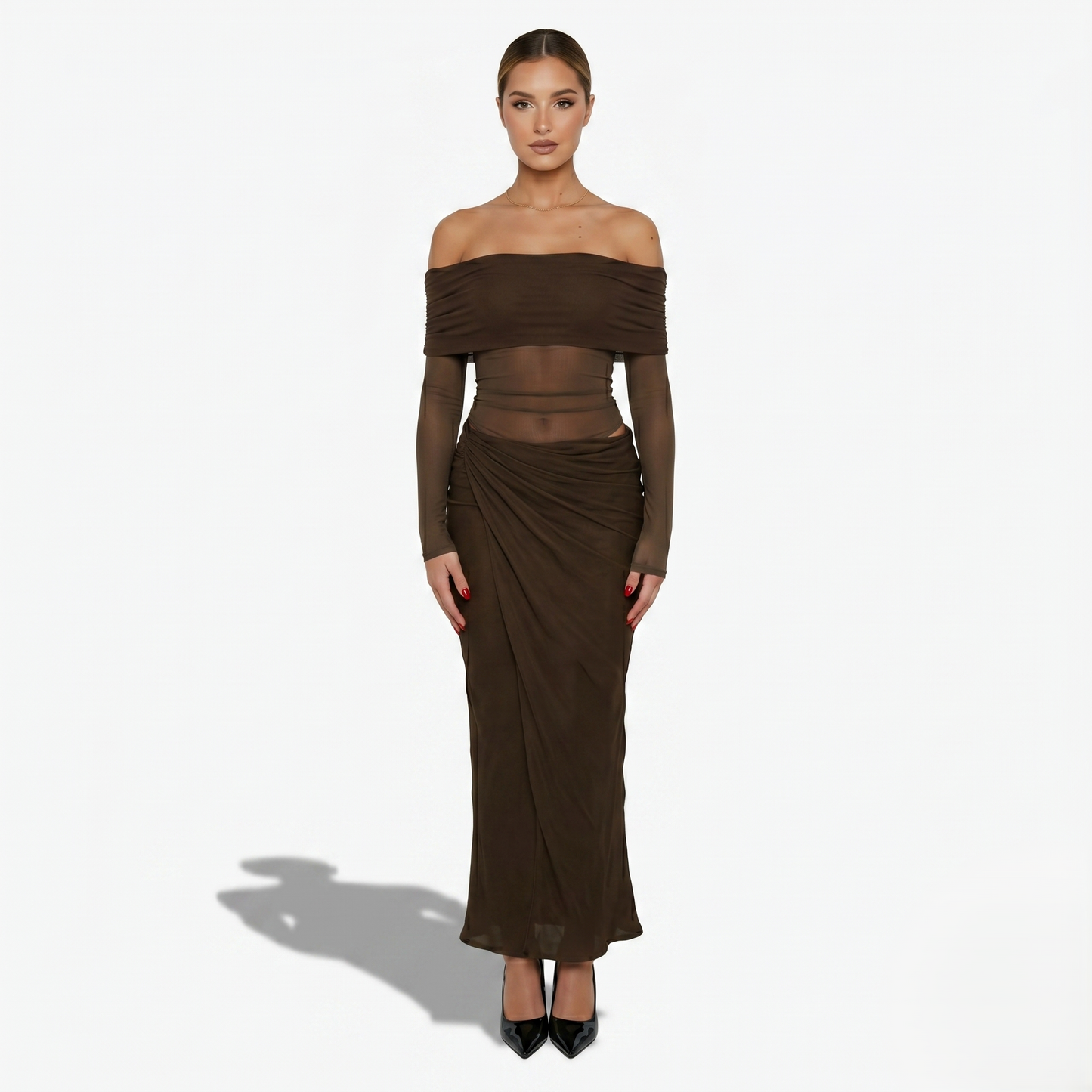 Maxi Dress Women's Off Shoulder Mesh Long Sleeve Ruched Bodycon