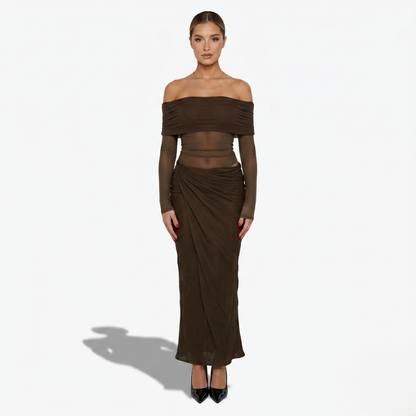 Maxi Dress Women's Off Shoulder Mesh Long Sleeve Ruched Bodycon