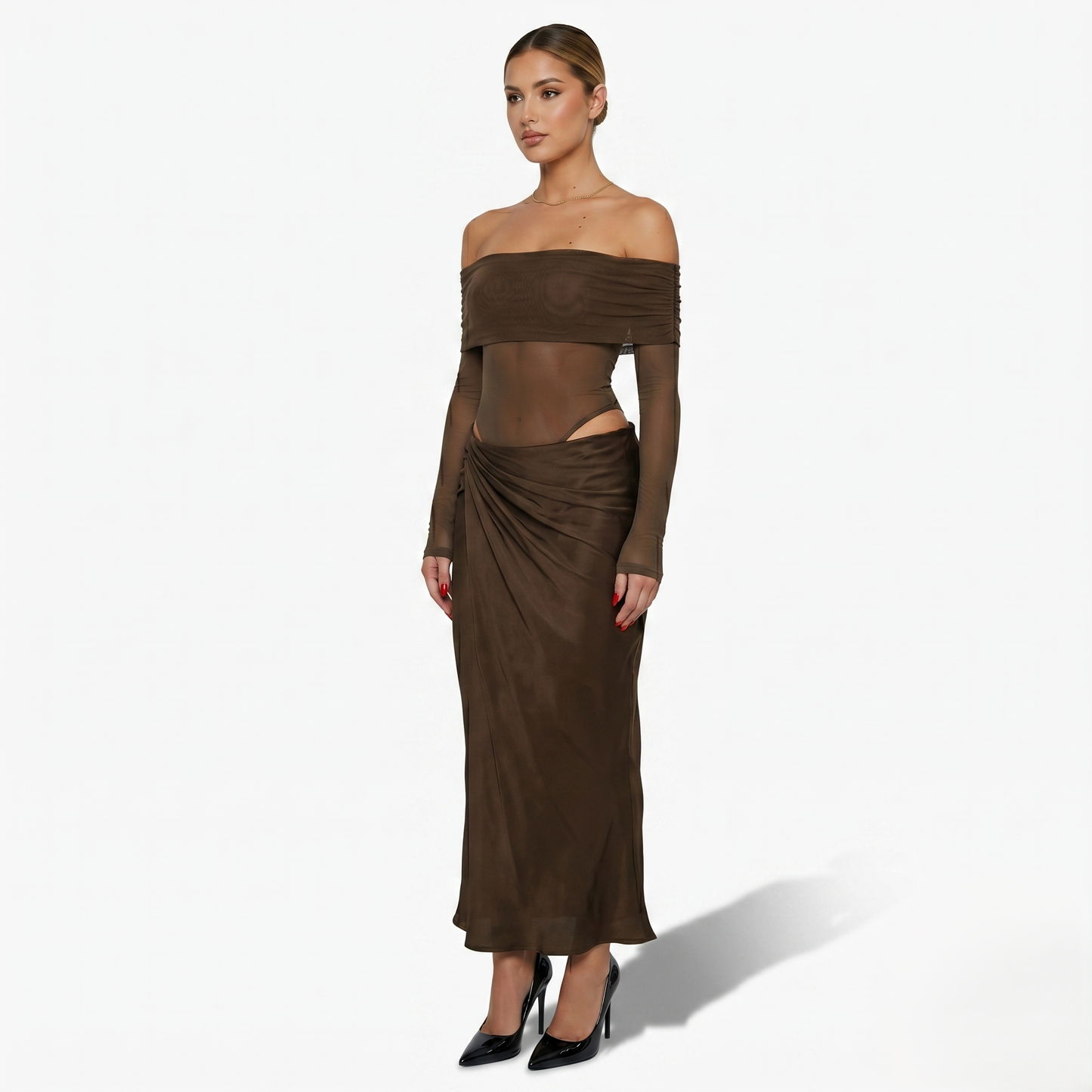 Maxi Dress Women's Off Shoulder Mesh Long Sleeve Ruched Bodycon