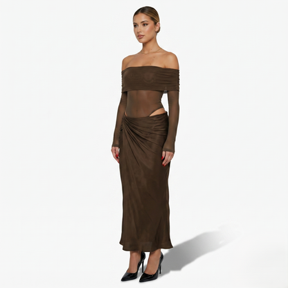 Maxi Dress Women's Off Shoulder Mesh Long Sleeve Ruched Bodycon