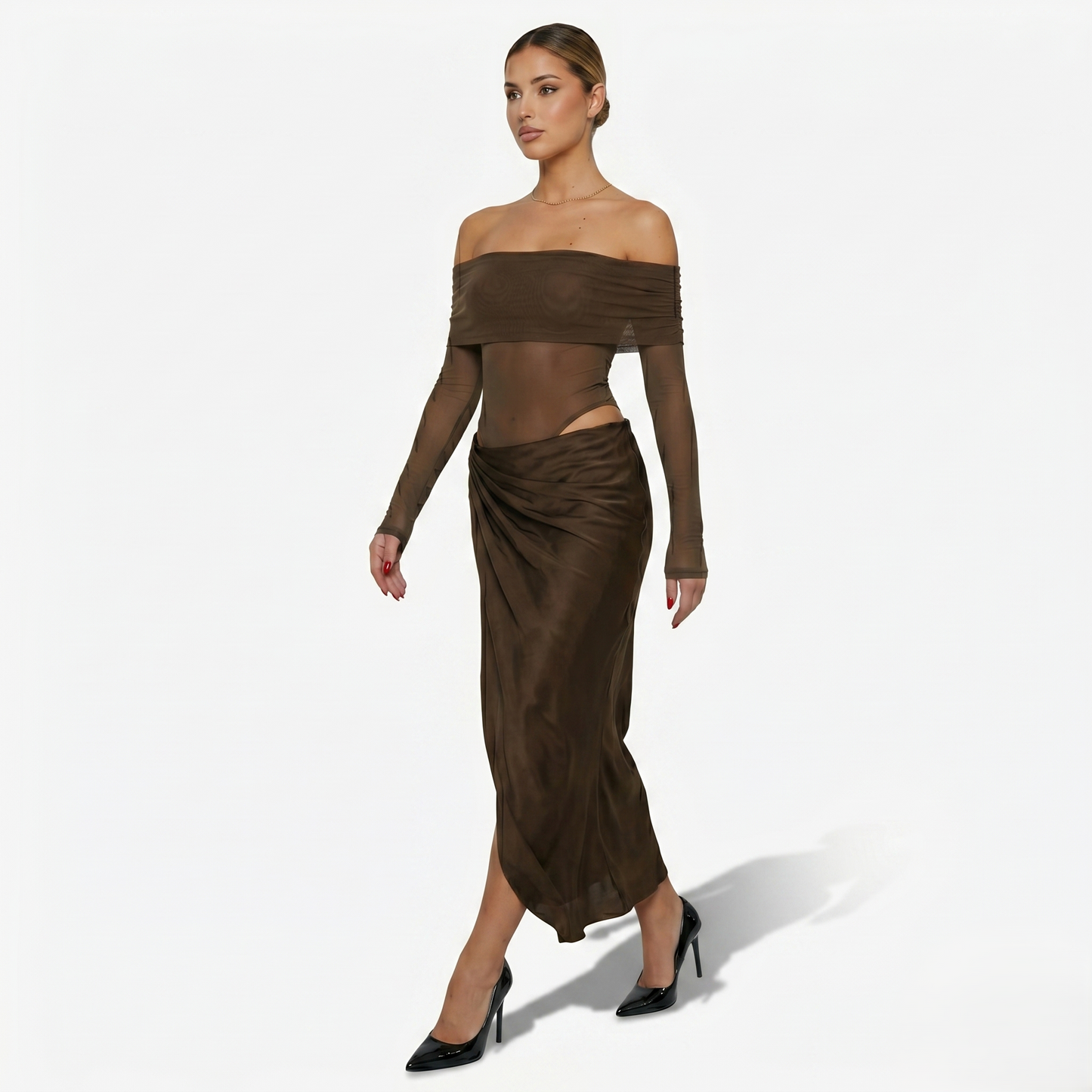 Maxi Dress Women's Off Shoulder Mesh Long Sleeve Ruched Bodycon