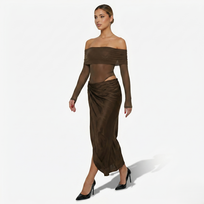 Maxi Dress Women's Off Shoulder Mesh Long Sleeve Ruched Bodycon