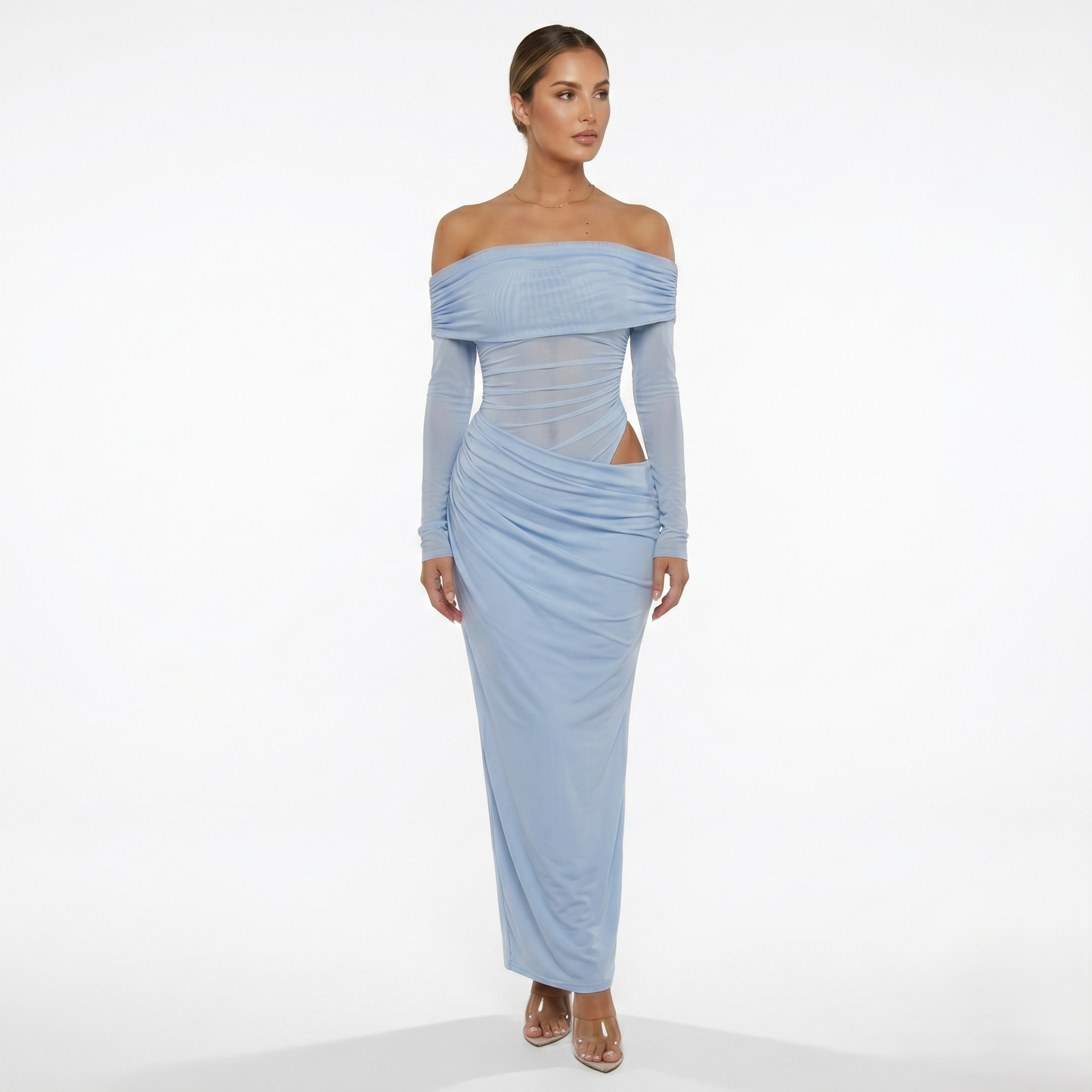 Maxi Dress Women's Off Shoulder Mesh Long Sleeve Ruched Bodycon
