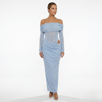Maxi Dress Women's Off Shoulder Mesh Long Sleeve Ruched Bodycon