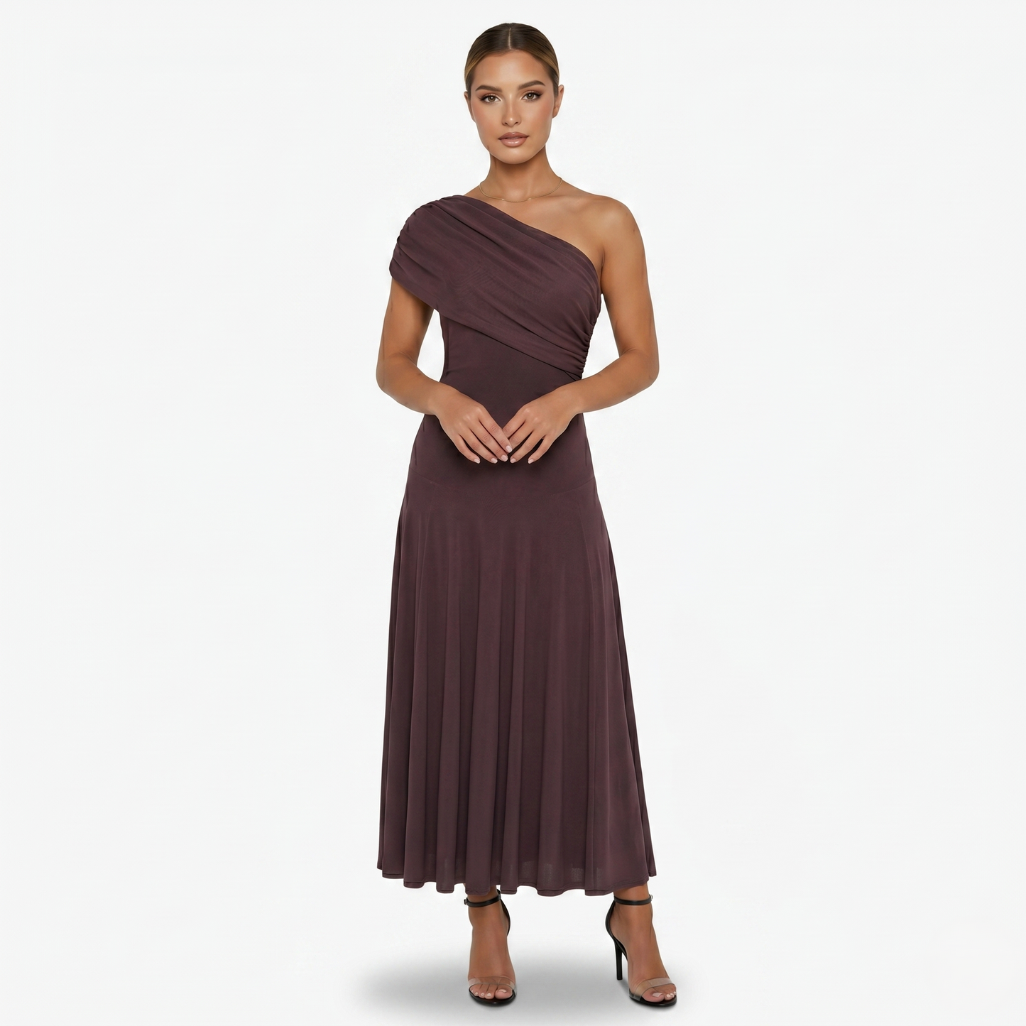 Maxi Dress Women's One Shoulder Mesh Ruched Bodice