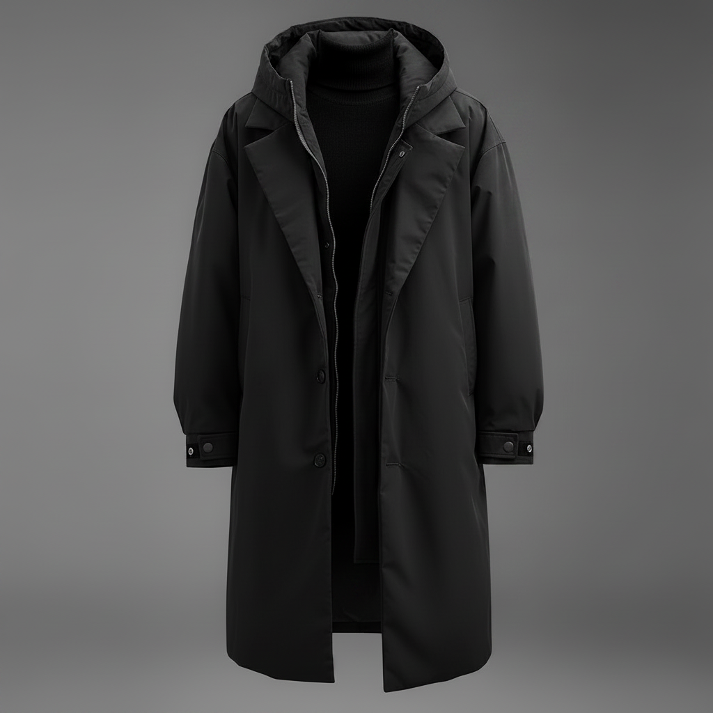 Black version of the long hooded coat shown open on a grey backdrop, with lapels, zip placket, buttoned cuffs and a black jumper beneath. 2