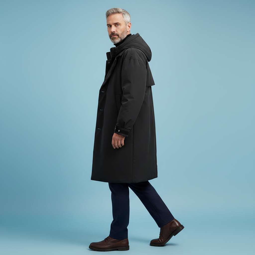Side view of a model walking in the black hooded coat, showing sleeve length and buttons, with navy trousers and brown shoes. 6