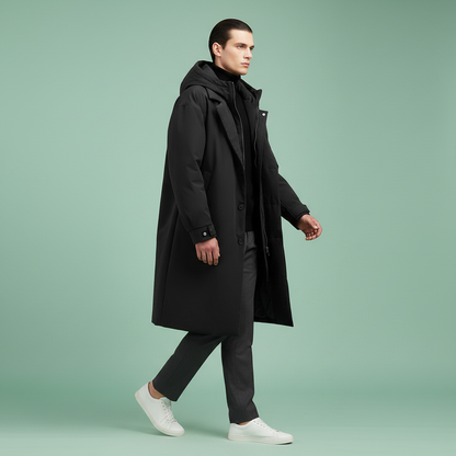 Model walking in the black hooded coat worn open over a black roll-neck, with grey trousers and white trainers on a green background. 7