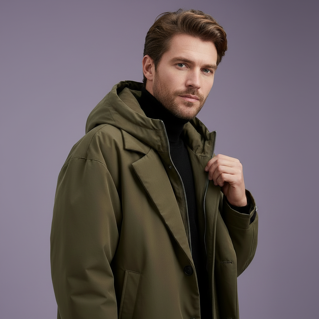 Model in the olive green coat with hood down, one hand on the zip collar, showing lapels and chest pocket against a lilac background. 5