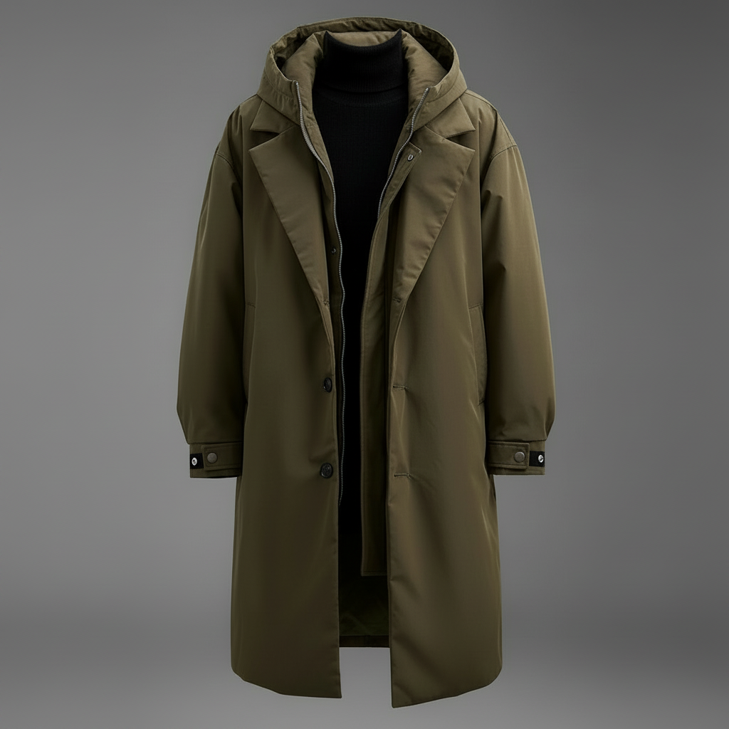 Olive green hooded coat shown open on a grey studio backdrop, revealing a zip placket, buttons, lapels and a black roll-neck underneath. 1