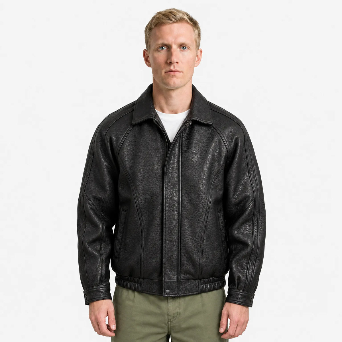 Men's Faux Leather Zip Jacket with Structured Collar for Spring