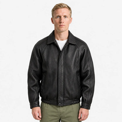 Men's Faux Leather Zip Jacket with Structured Collar for Spring