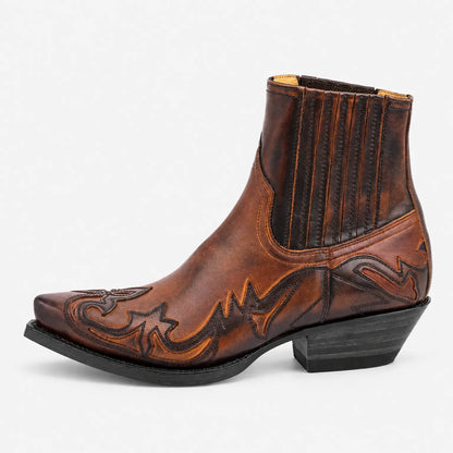 Men's Leather Cowboy Boots - Pointed Toe Western Ankle Boots