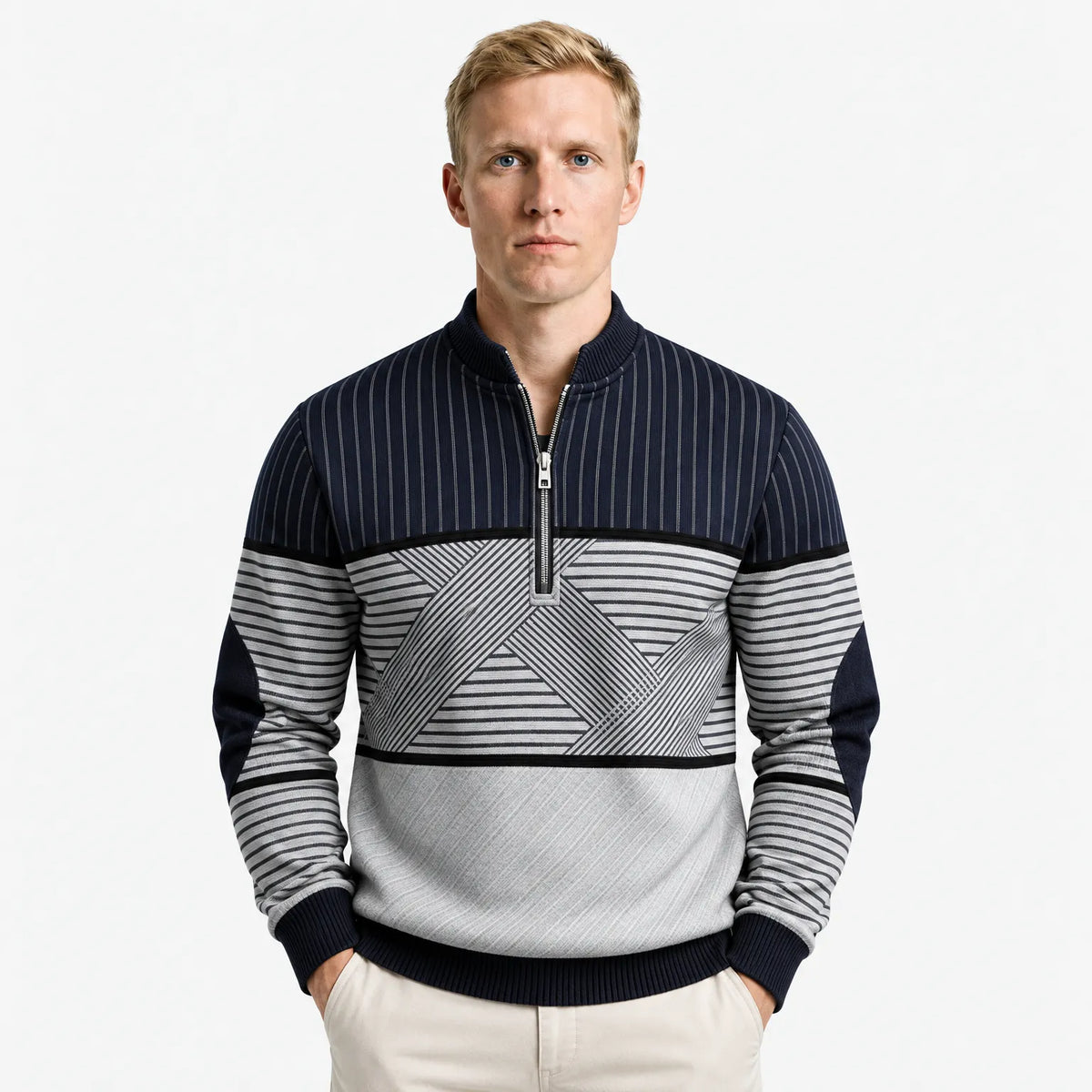 Men's Mock Neck Jumper with Graphic Pattern and Half Zip