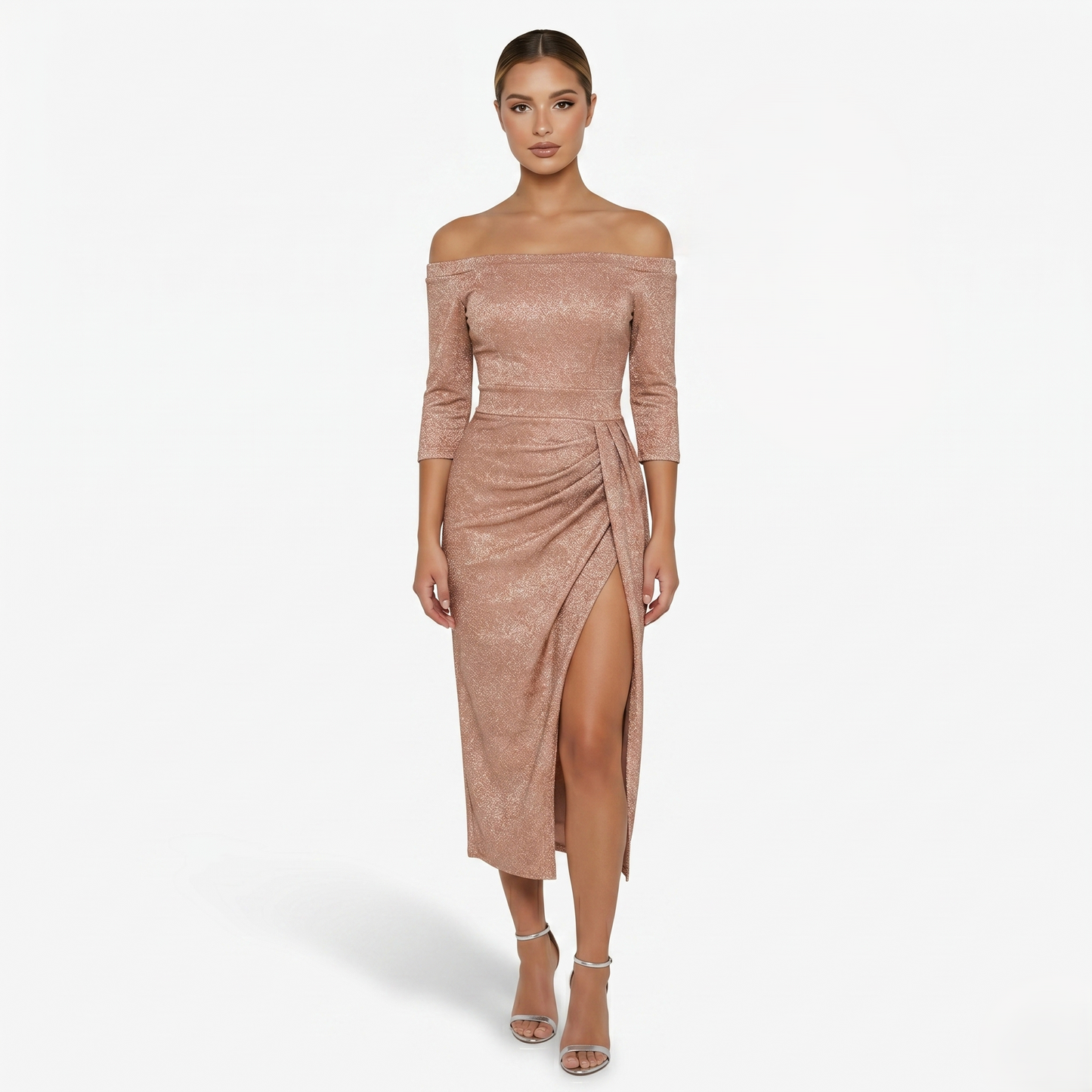 Midi Dress Women's Off Shoulder Ruched with Side Slit