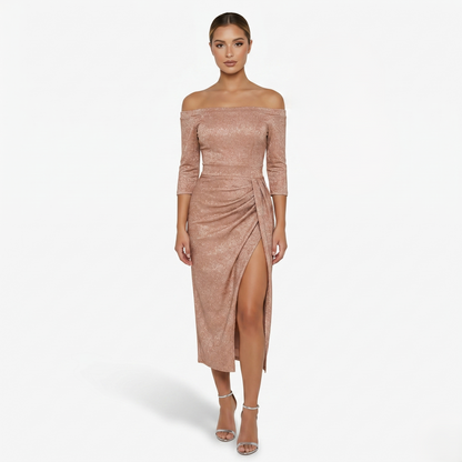 Midi Dress Women's Off Shoulder Ruched with Side Slit
