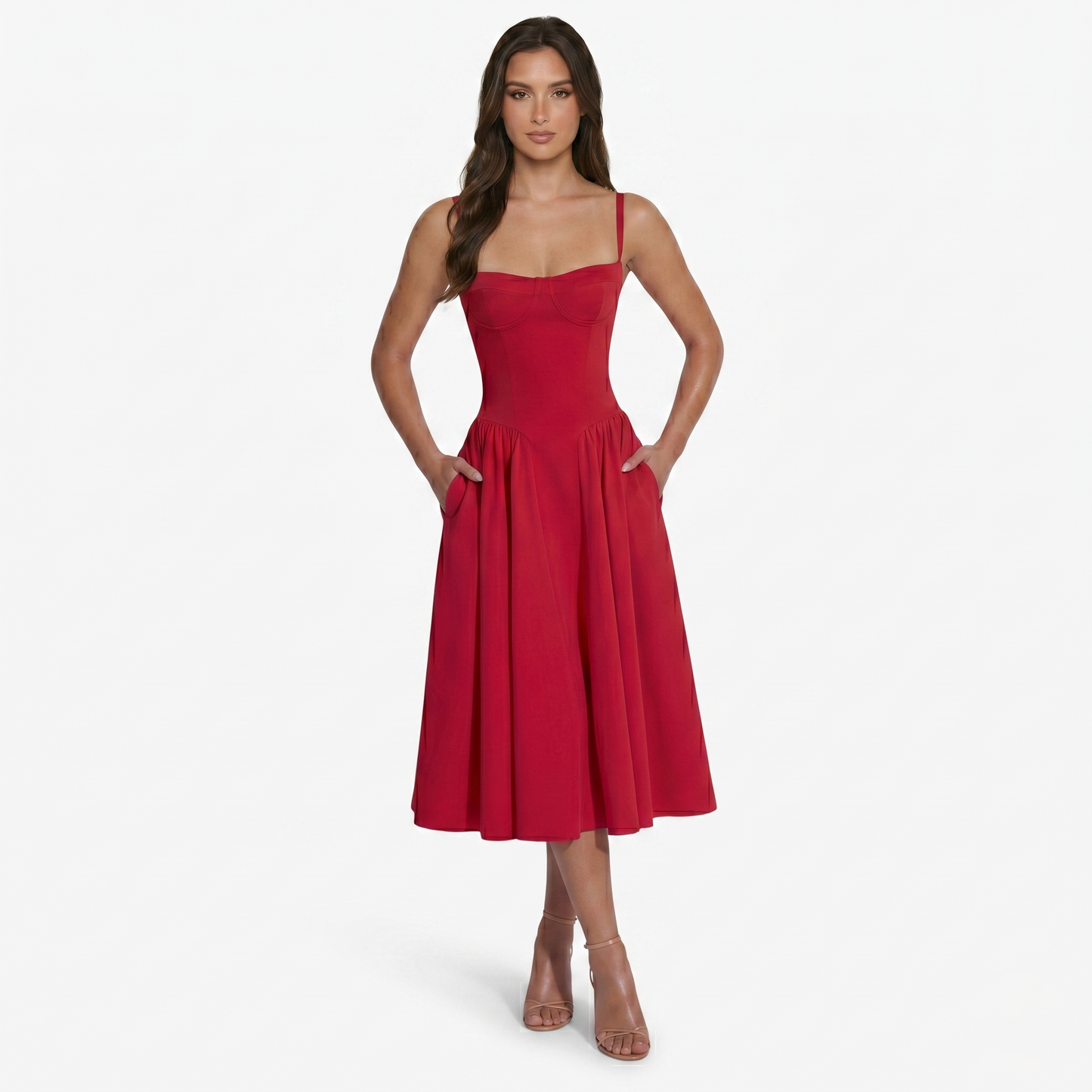 Midi Dress Women's Sweetheart Neckline Spaghetti Strap Pockets
