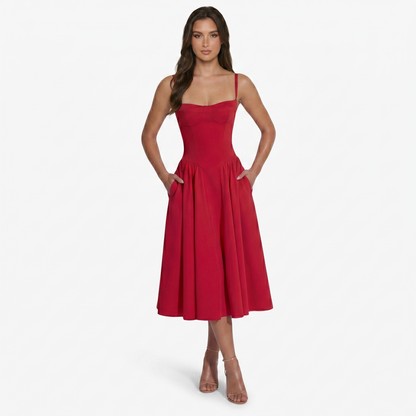Midi Dress Women's Sweetheart Neckline Spaghetti Strap Pockets