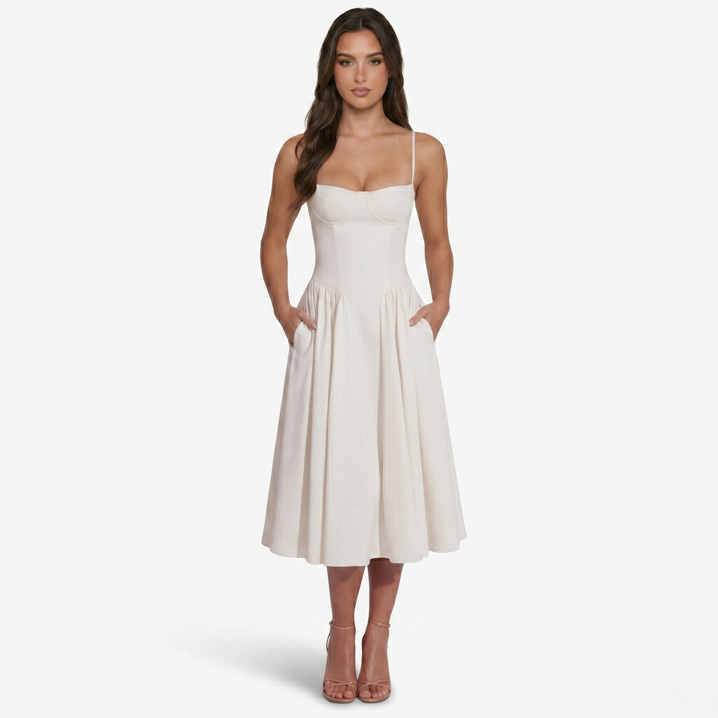 Midi Dress Women's Sweetheart Neckline Spaghetti Strap Pockets