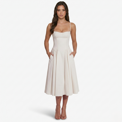 Midi Dress Women's Sweetheart Neckline Spaghetti Strap Pockets