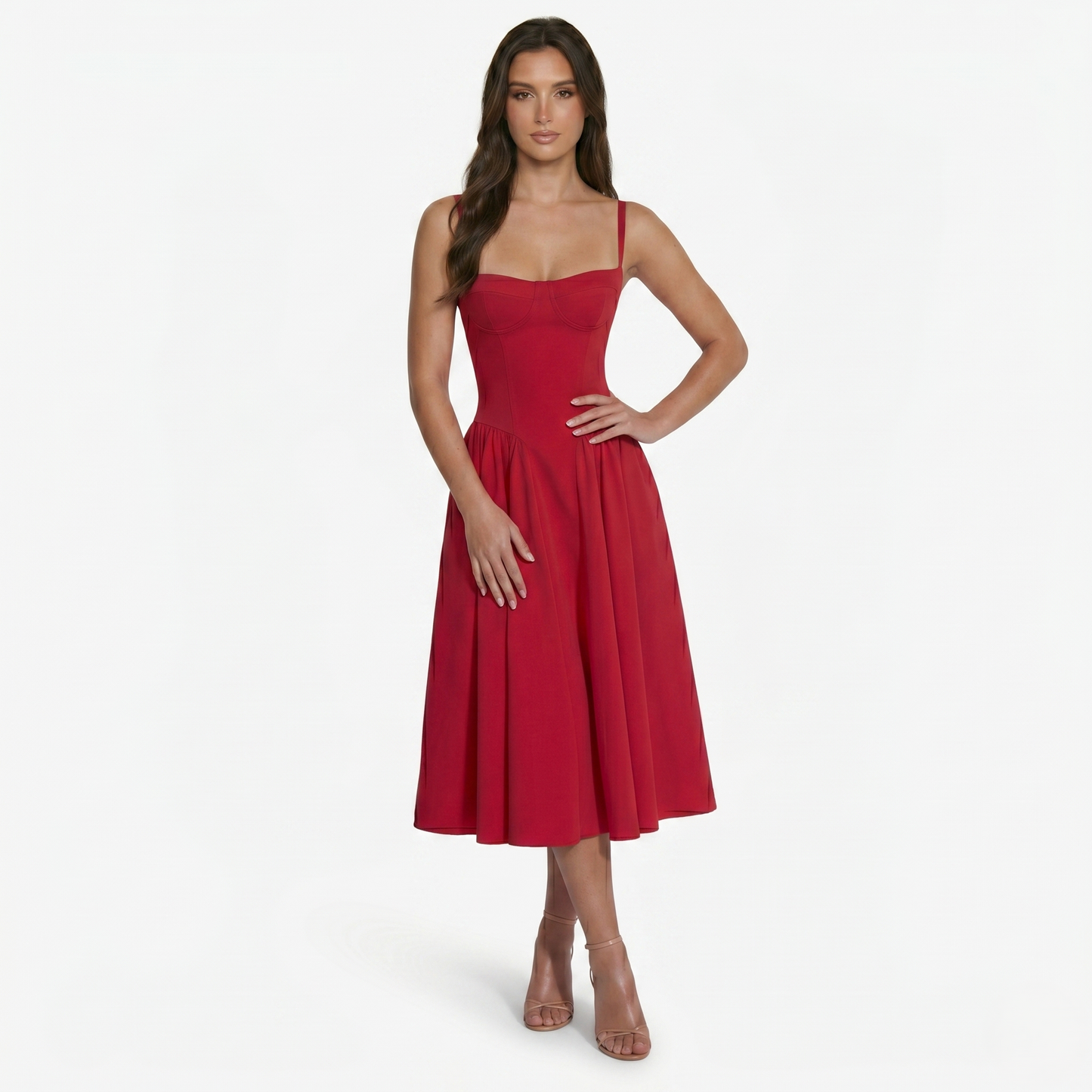 Midi Dress Women's Sweetheart Neckline Spaghetti Strap Pockets