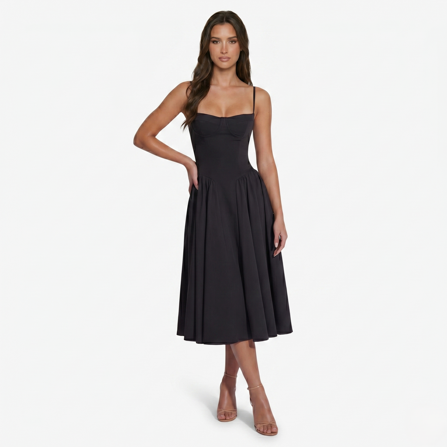 Midi Dress Women's Sweetheart Neckline Spaghetti Strap Pockets