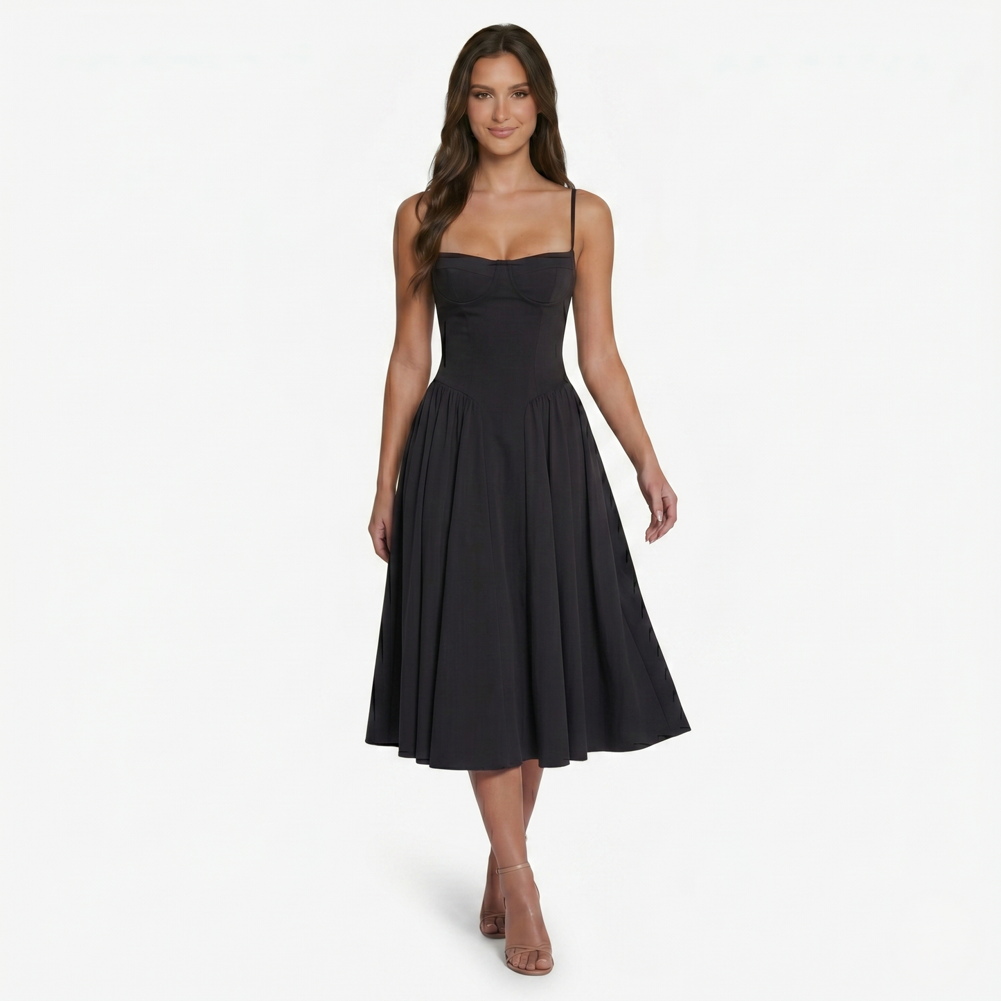 Midi Dress Women's Sweetheart Neckline Spaghetti Strap Pockets