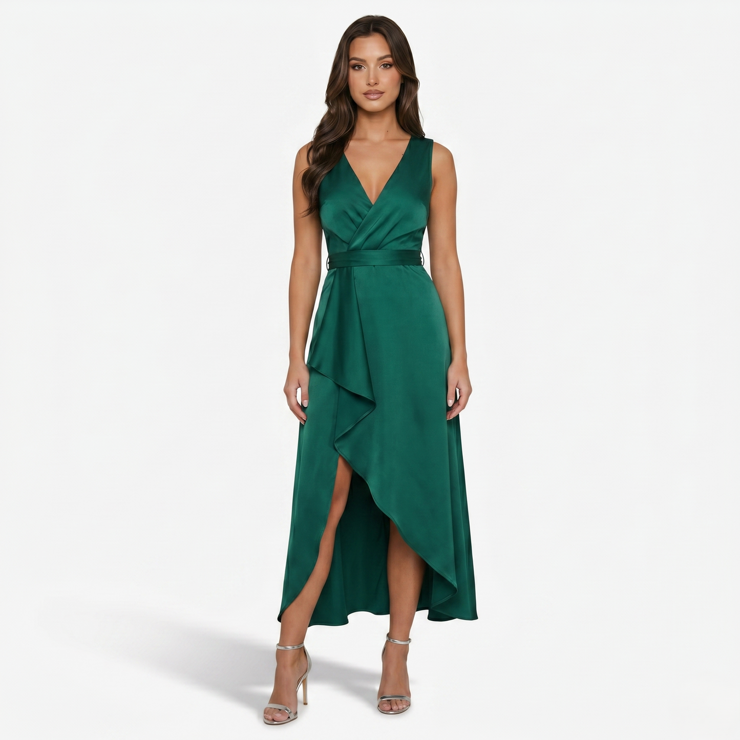 Midi Dress Women’s V-neck Sleeveless Asymmetrical Ruffle Hem