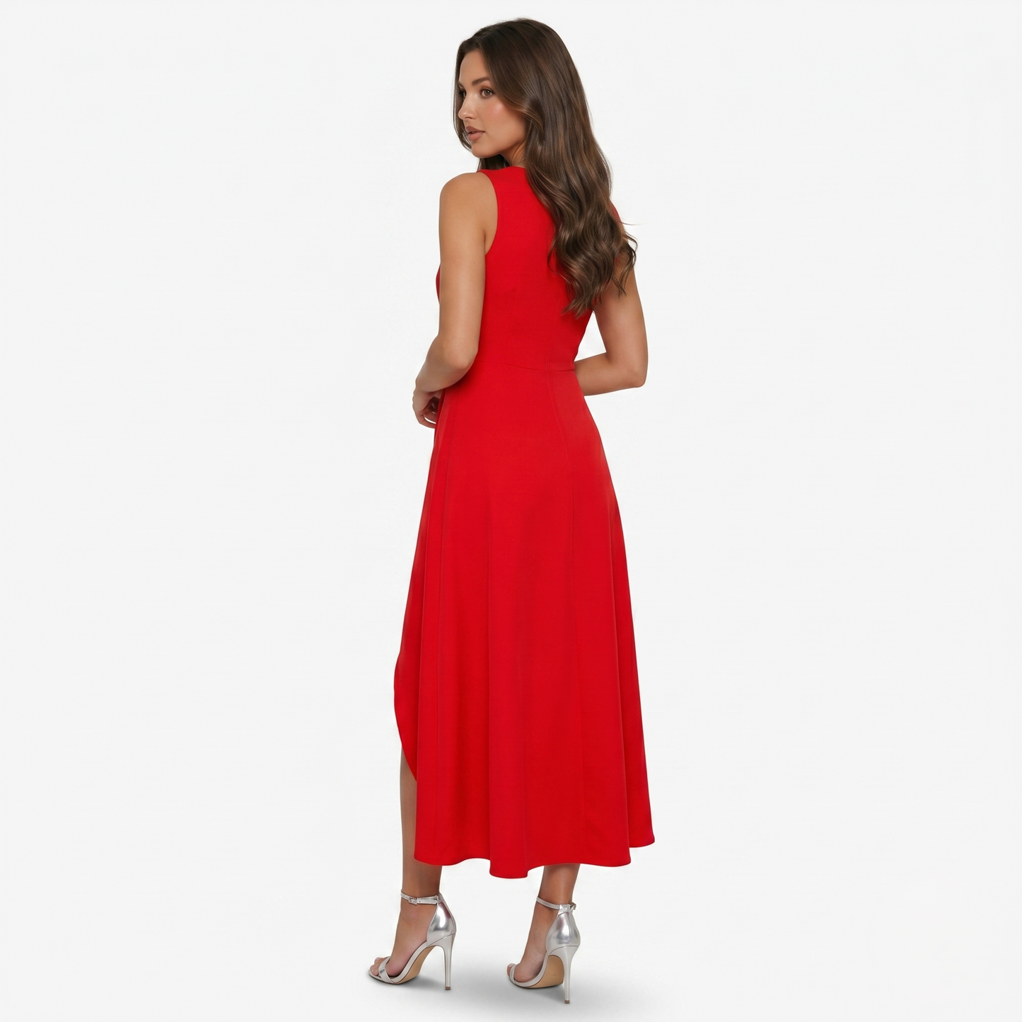 Midi Dress Women’s V-neck Sleeveless Asymmetrical Ruffle Hem