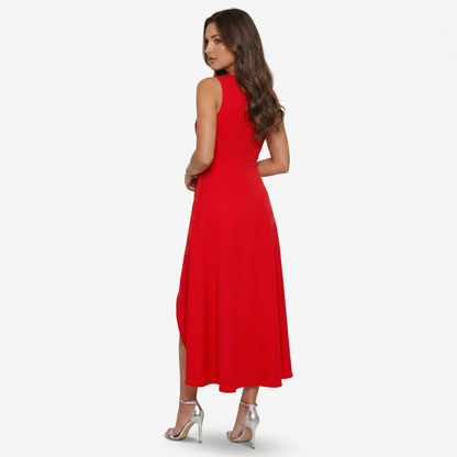 Midi Dress Women’s V-neck Sleeveless Asymmetrical Ruffle Hem