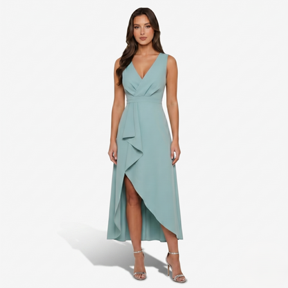 Midi Dress Women’s V-neck Sleeveless Asymmetrical Ruffle Hem