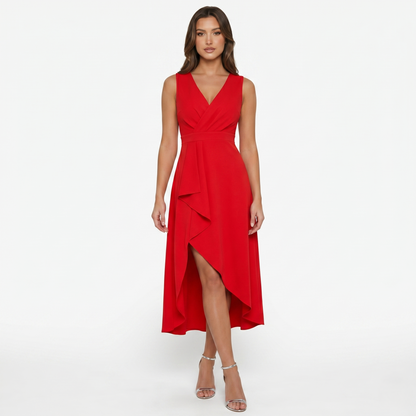 Midi Dress Women’s V-neck Sleeveless Asymmetrical Ruffle Hem