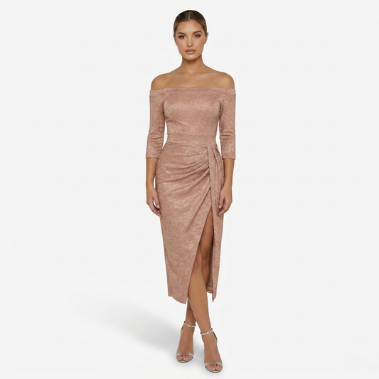 Midi Dress Women's Off Shoulder Ruched with Side Slit