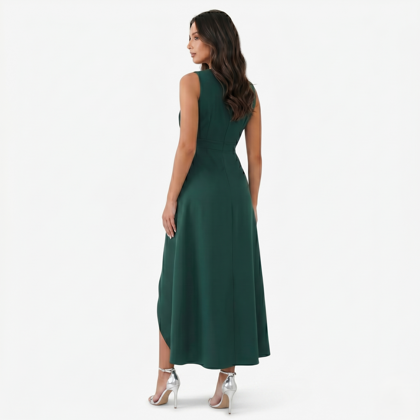 Midi Dress Women’s V-neck Sleeveless Asymmetrical Ruffle Hem