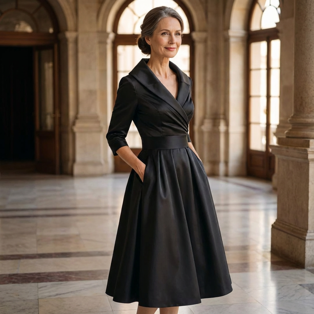 Woman in the black satin midi dress standing in a marble hall with hands in the pockets, shown in three-quarter view. 10