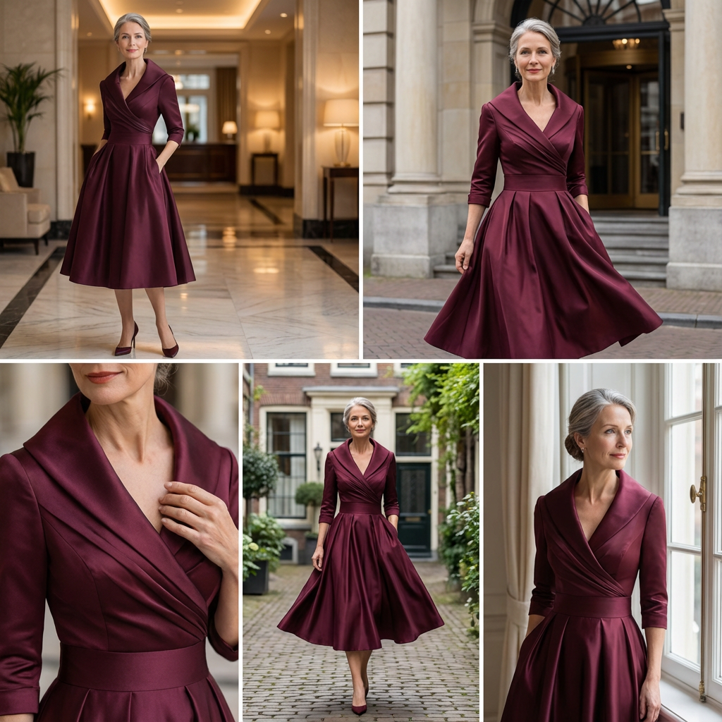 Collage of five shots of a woman in the burgundy dress: in a hotel lobby, outdoors, collar close-up and by a window. 6