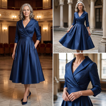 Collage of three shots of a woman in the navy satin dress: full length in a grand hall, twirling outdoors, and collar close-up. 7