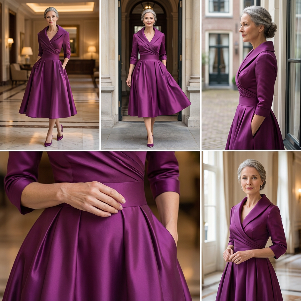 Collage of five shots of a woman in the purple dress: walking, side profile, waistband and pocket detail, and a seated-style portrait. 8