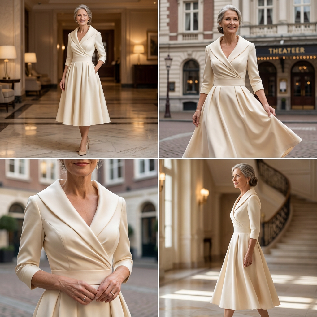 Collage of four shots of a woman in the cream dress: indoors, strolling outside, collar and bodice close-up, and on a staircase. 9