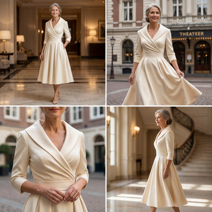 Collage of four shots of a woman in the cream dress: indoors, strolling outside, collar and bodice close-up, and on a staircase. 9