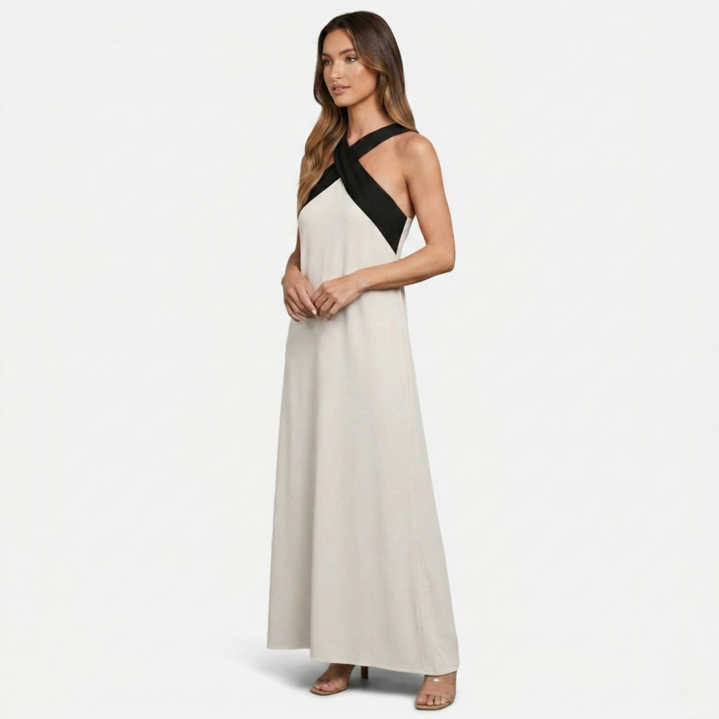 Maxi Dress Women's Color Block Crossover Neckline Sleeveless