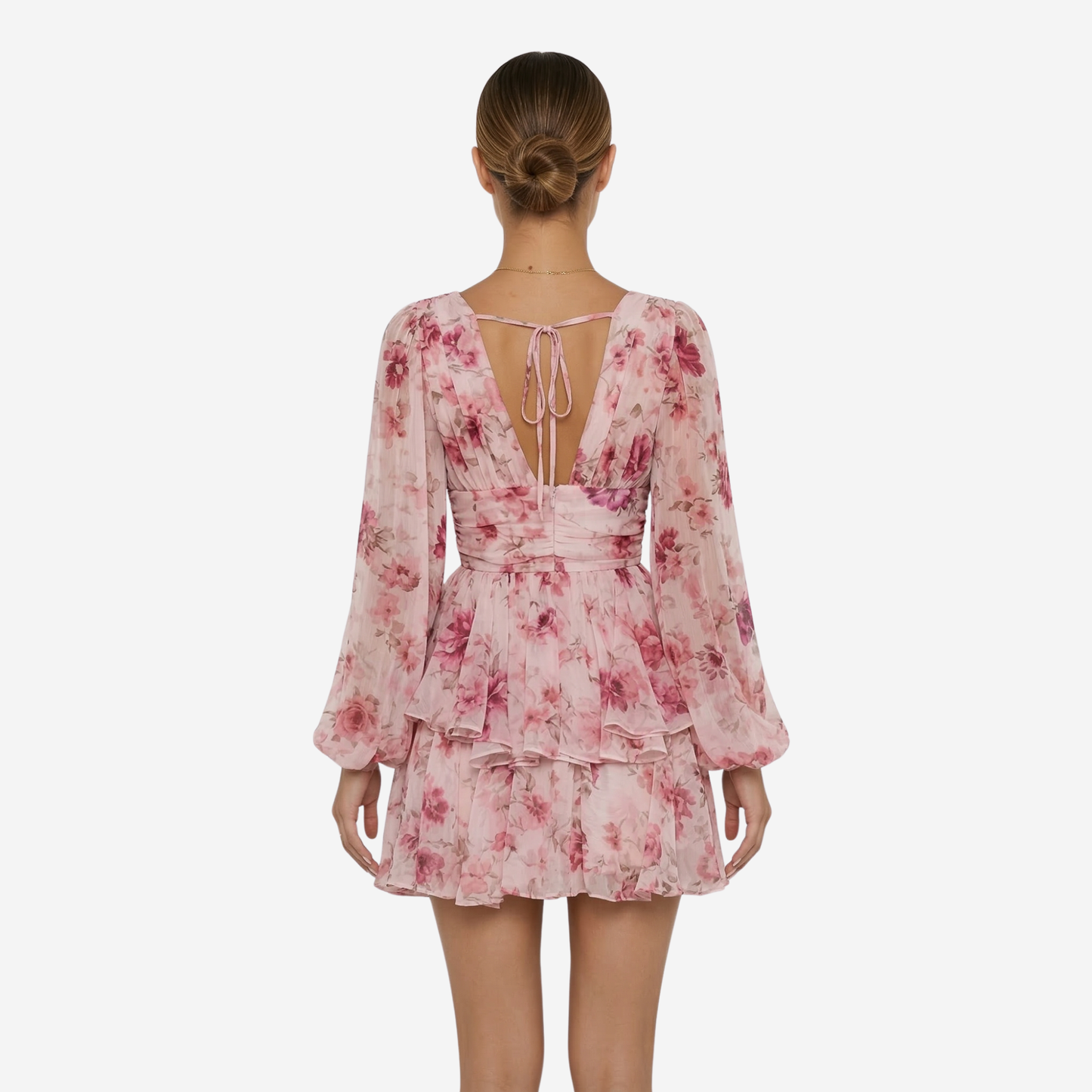 Mini Dress Women's Pink Floral Print Long Sleeve V Neck Ruffle Tiered Tie Back