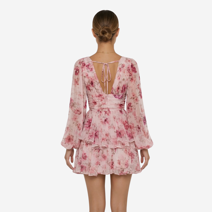 Mini Dress Women's Pink Floral Print Long Sleeve V Neck Ruffle Tiered Tie Back