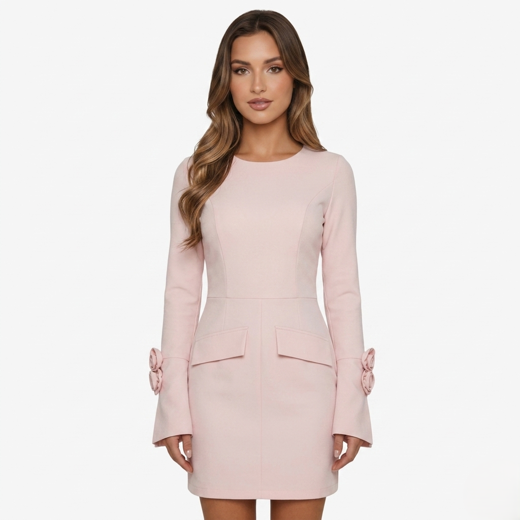 Mini Dress Women's Long Sleeve Bell Sleeve with Rose Detail