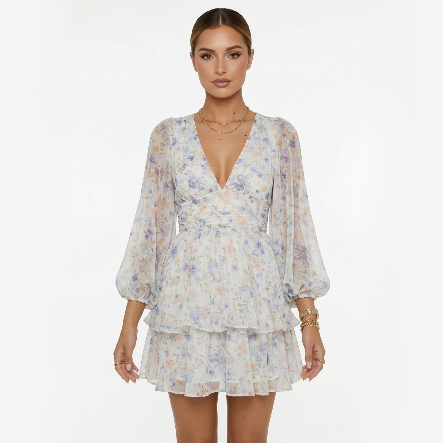 Mini Dress Women's Long Sleeve Deep V-neck Blue Floral Print Tiered Tie Back